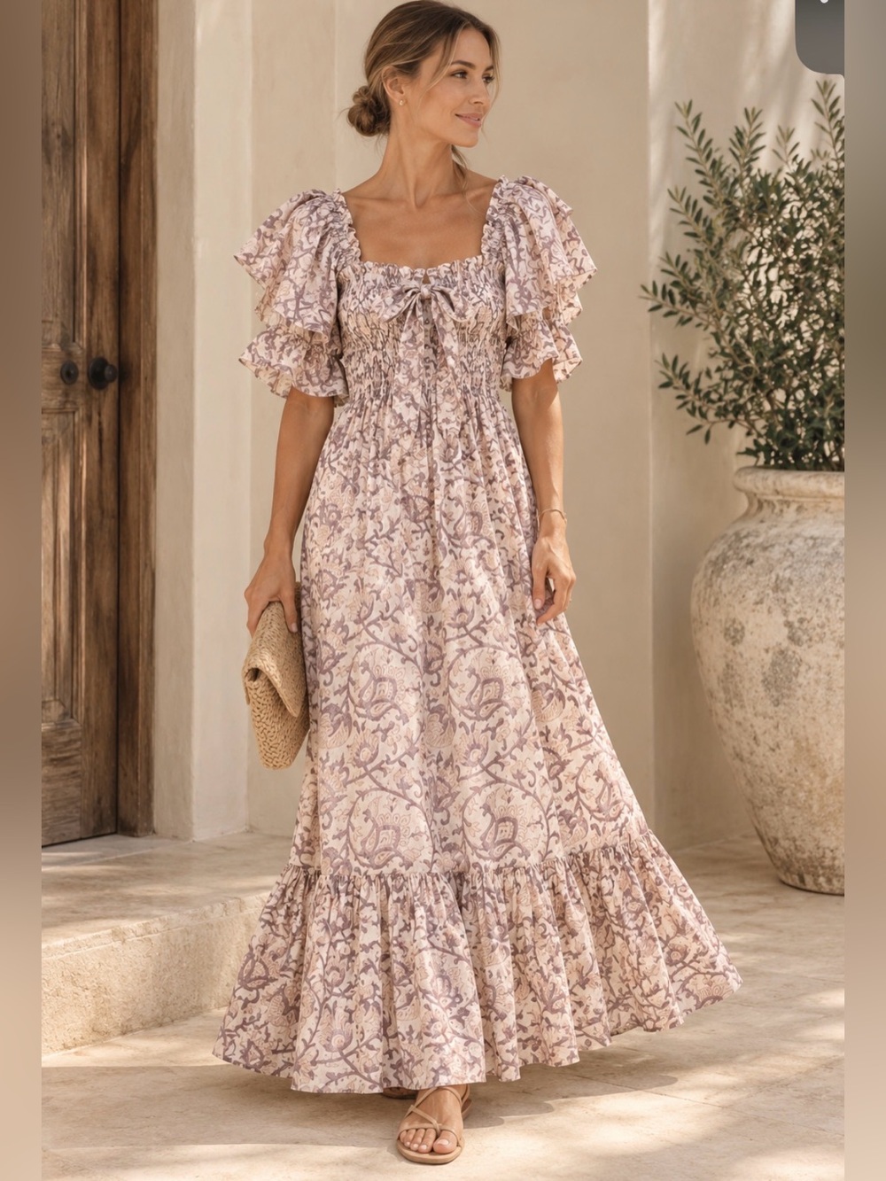 Cleobella Smocked Floral Maxi Dress Size S Organic Cotton Puff Sleeve